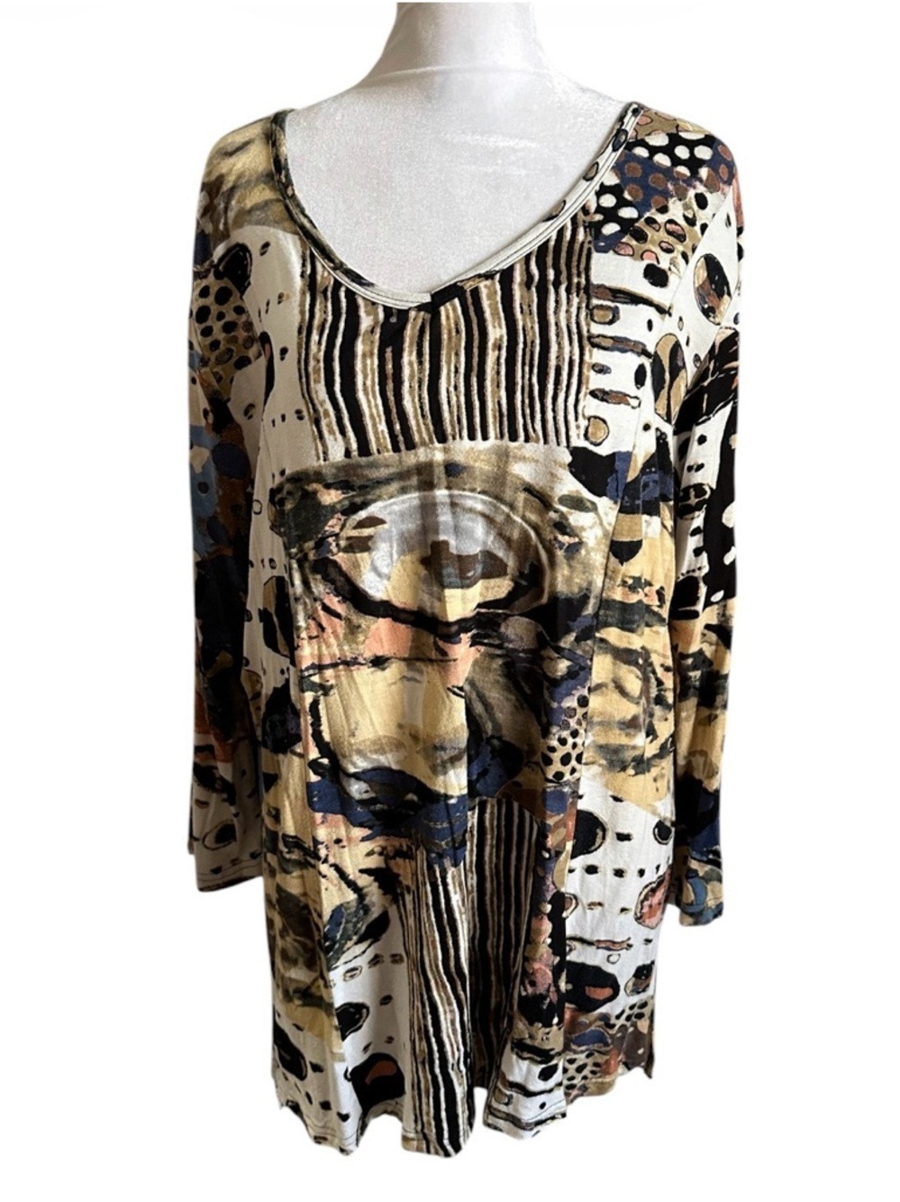 Parsley& Sage Abstract Print Long Sleeve Tunic Dress - Cream Multi size XL